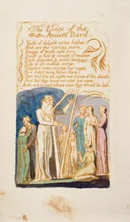 ウィリアム・ブレイク（1757-1827）c.1808（ペンと茶色のインクが付いたトイレ）の後の「無垢と経験の歌」からの「古代の吟遊詩人の声」、プレート16
